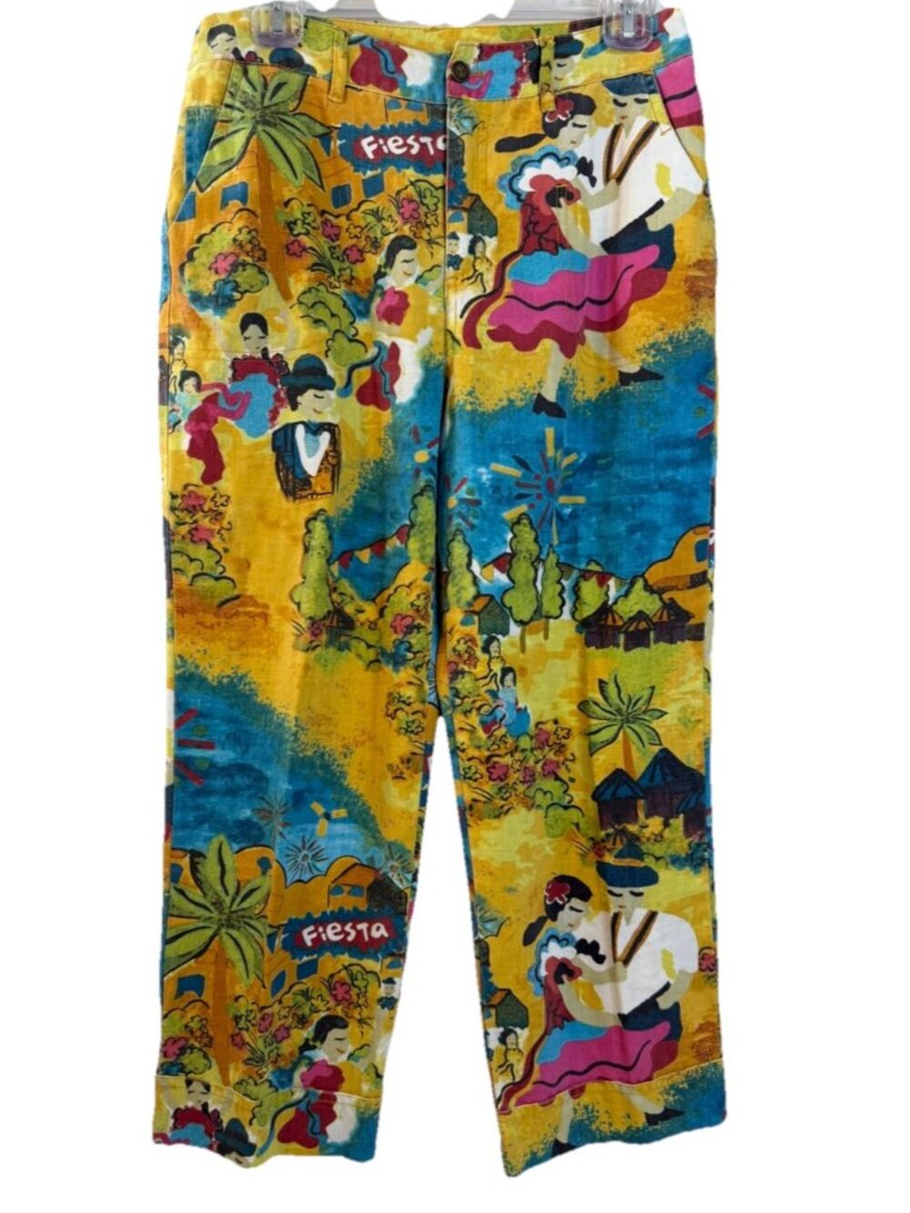 VTG Chicos Pants 0.5 US 6 (Actual 30x25) Yellow Artsy Linen Mexican Fiesta EUC